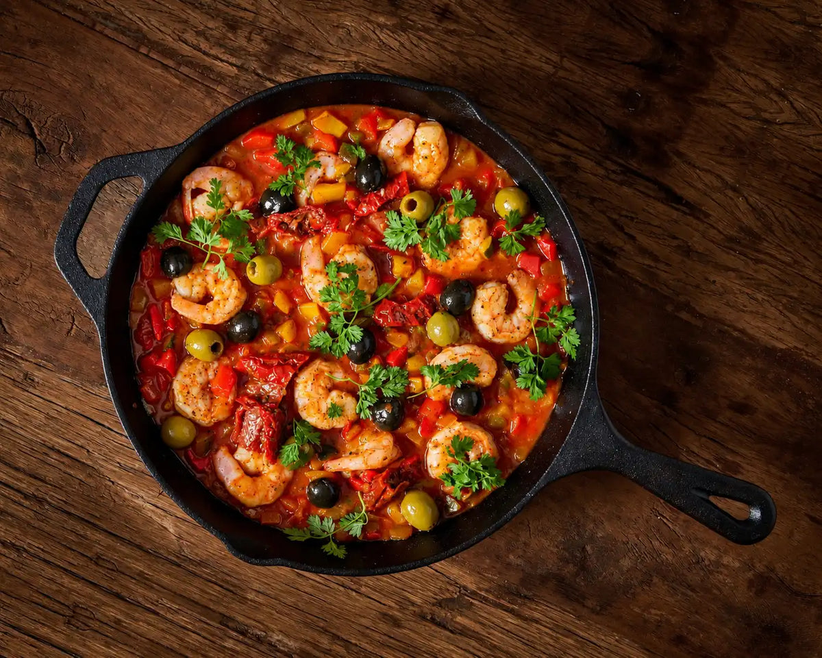 Gietijzeren skillet met garnalen, olijven en paprika op een houten tafel